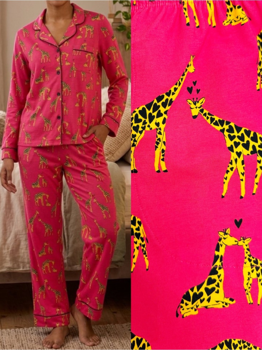 Bedhead PJs Long Sleeve Classic Stretch Jersey Pajama Set Giraffes In Love